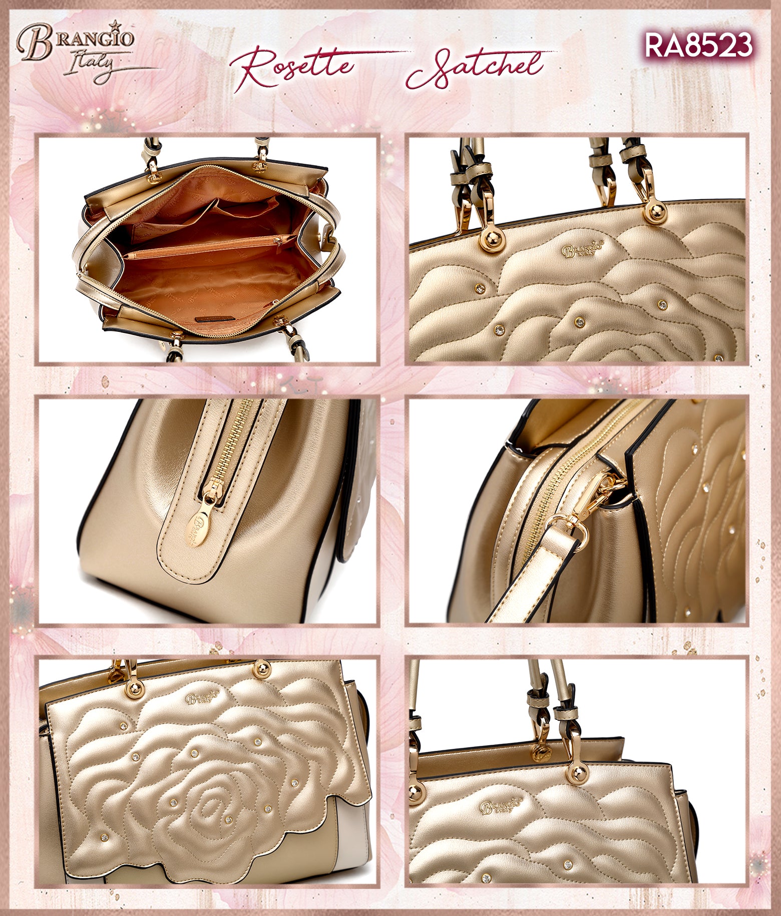 Brangio Italy Luxury Elegant Rose Embellished Satchel Bag + Wallet