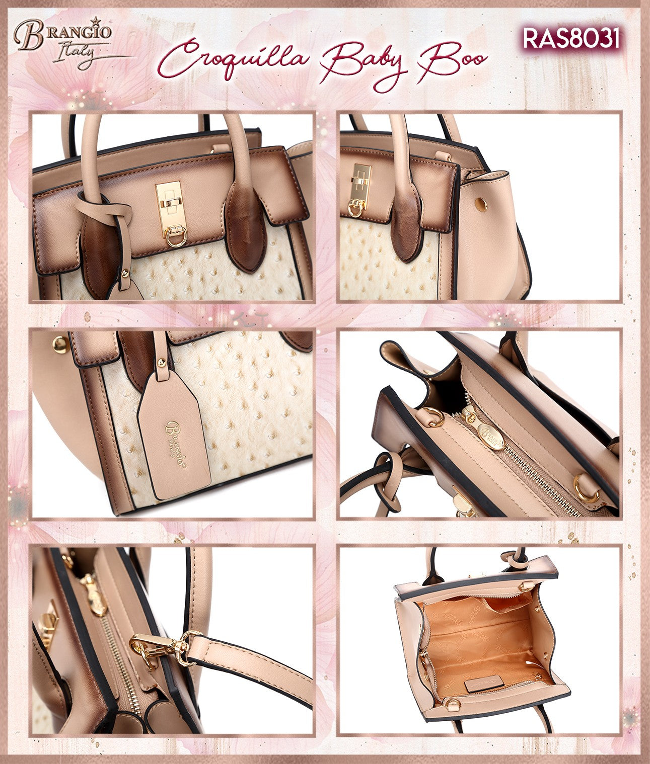 Brangio Italy  Ostrich Texture Embossed Designr Satchel Bag