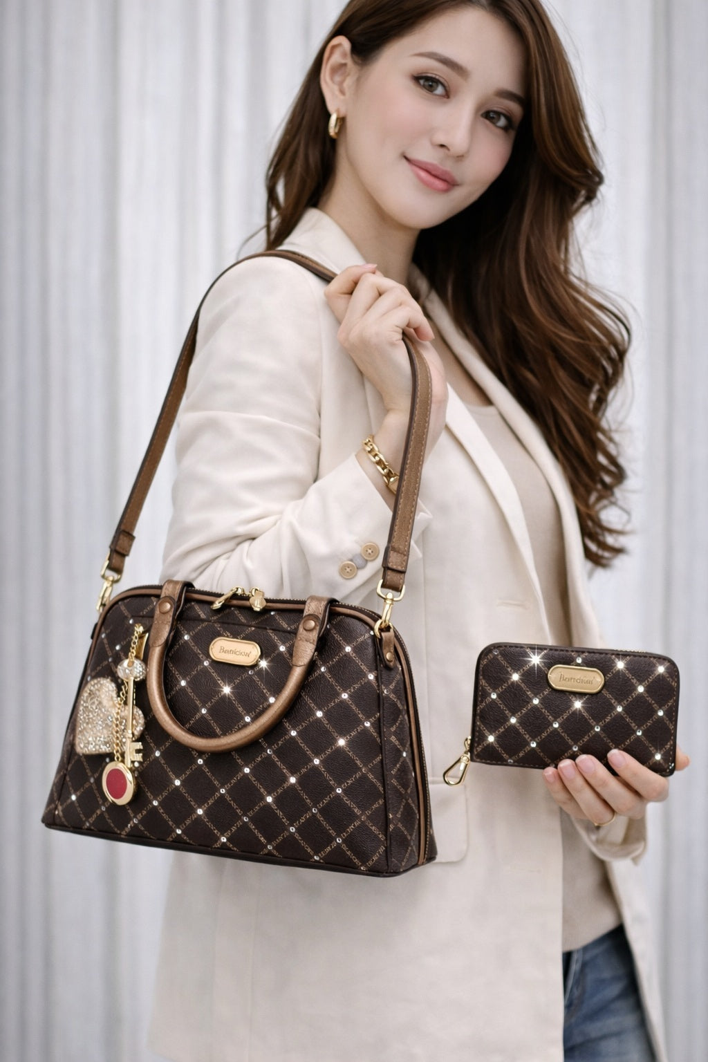 Brangio Italy Diamond Elegance Crystal Stud Top Handle Satchel