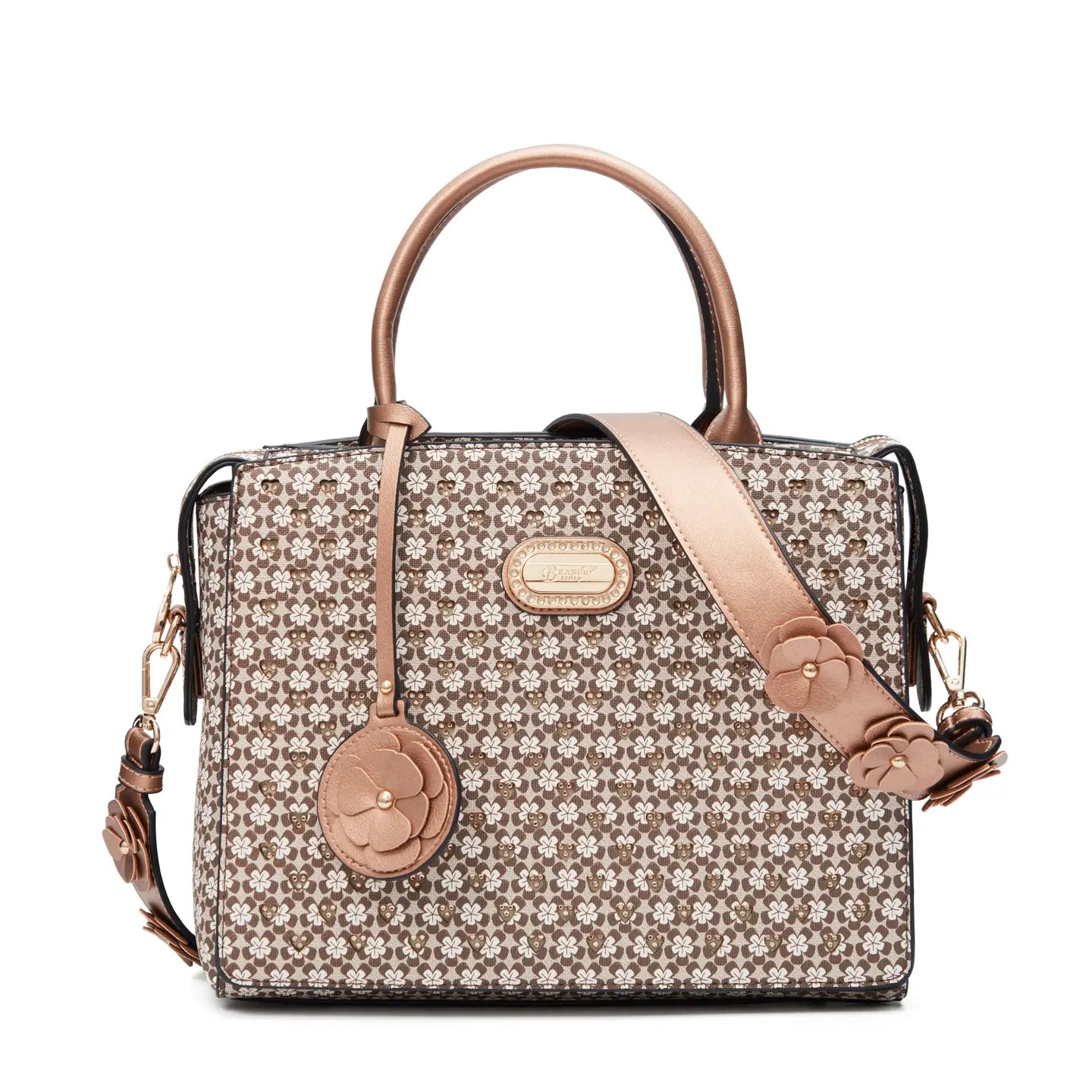 Brangio Italy Heart Stud Satchel Bag – Floral Strap Designer-Inspired Crossbody Handbag