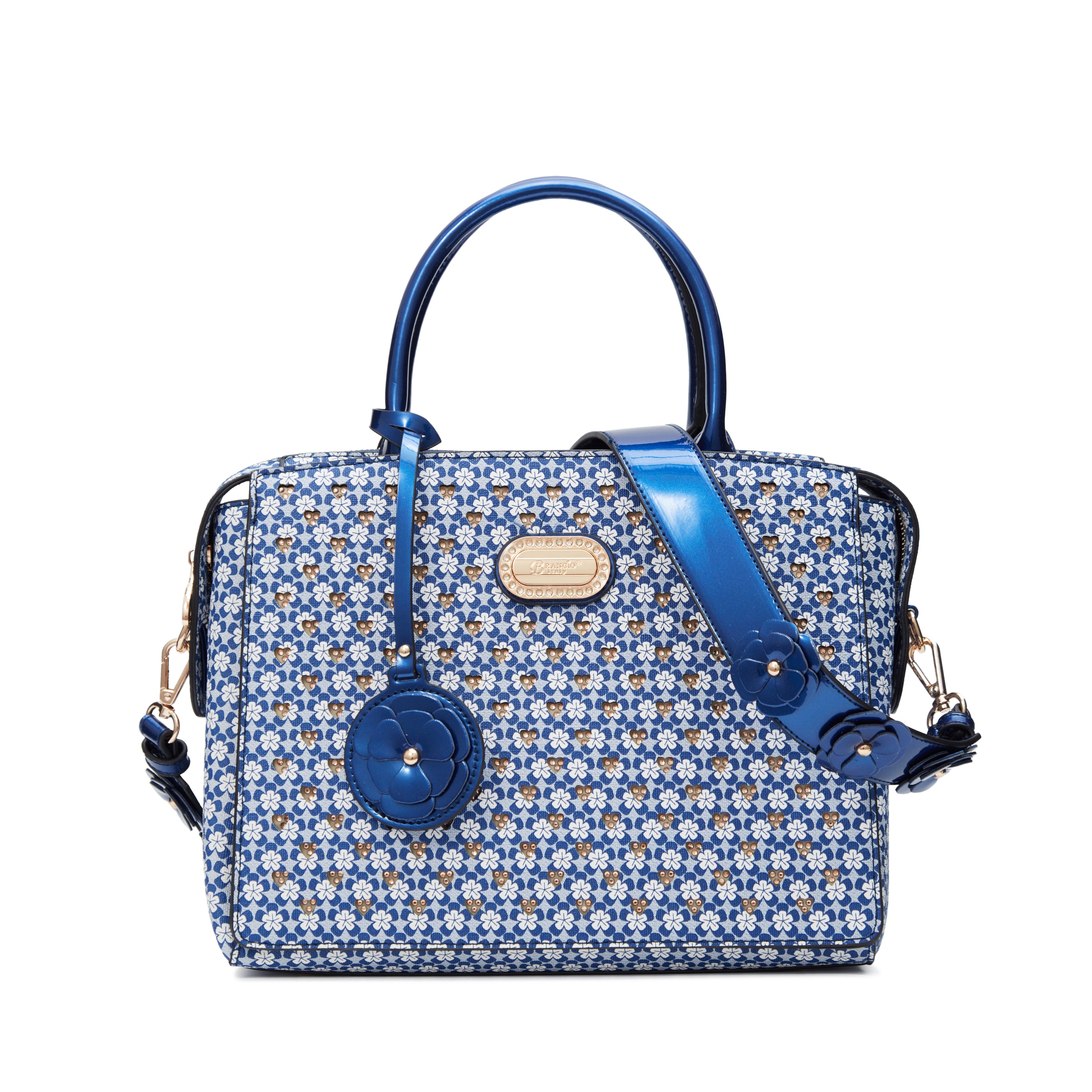 Brangio Italy Heart Stud Satchel Bag – Floral Strap Designer-Inspired Crossbody Handbag