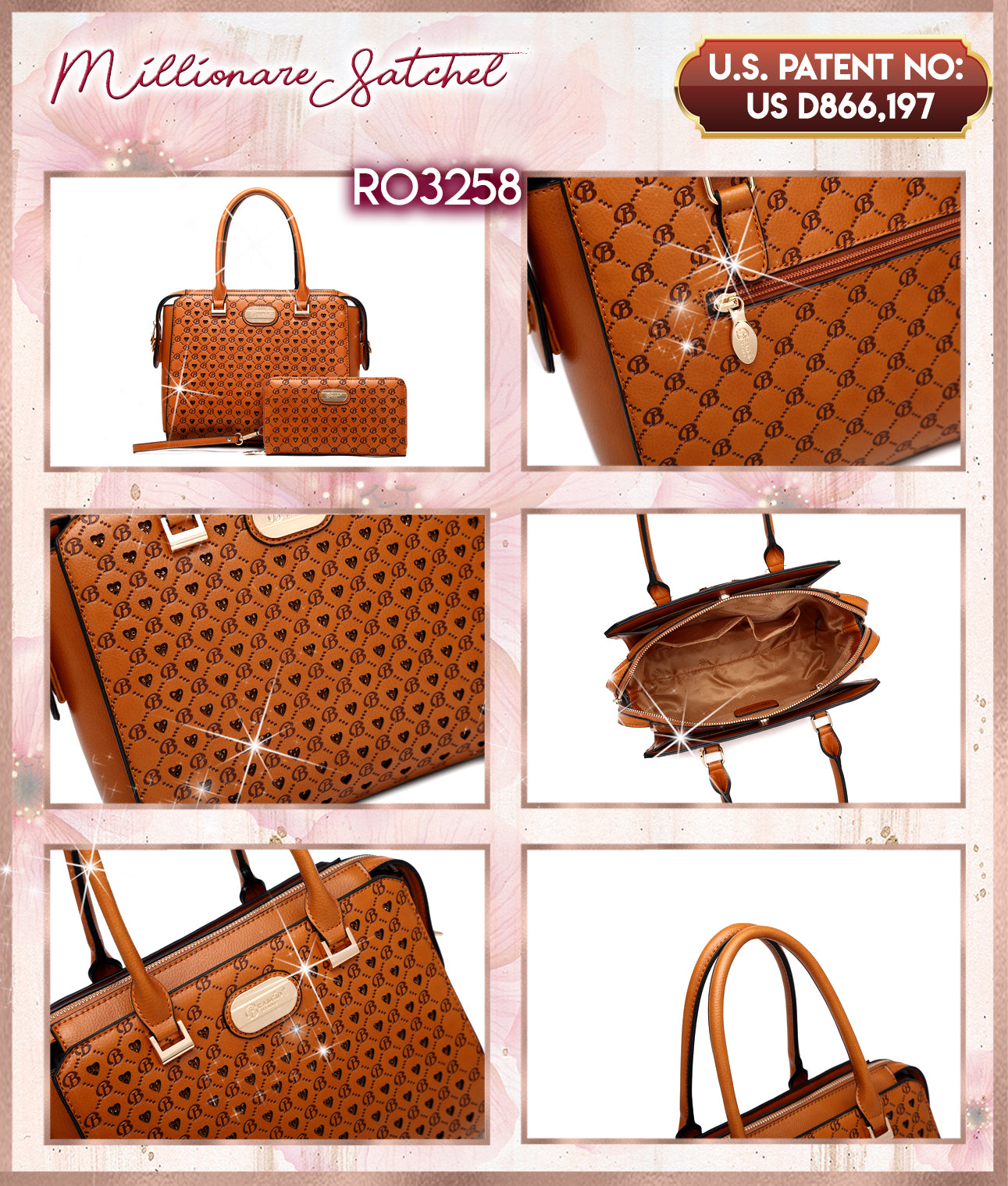 Brangio Italy Monogram Designer Satchel – Cognac Handbag with Signature “B” Heart Print