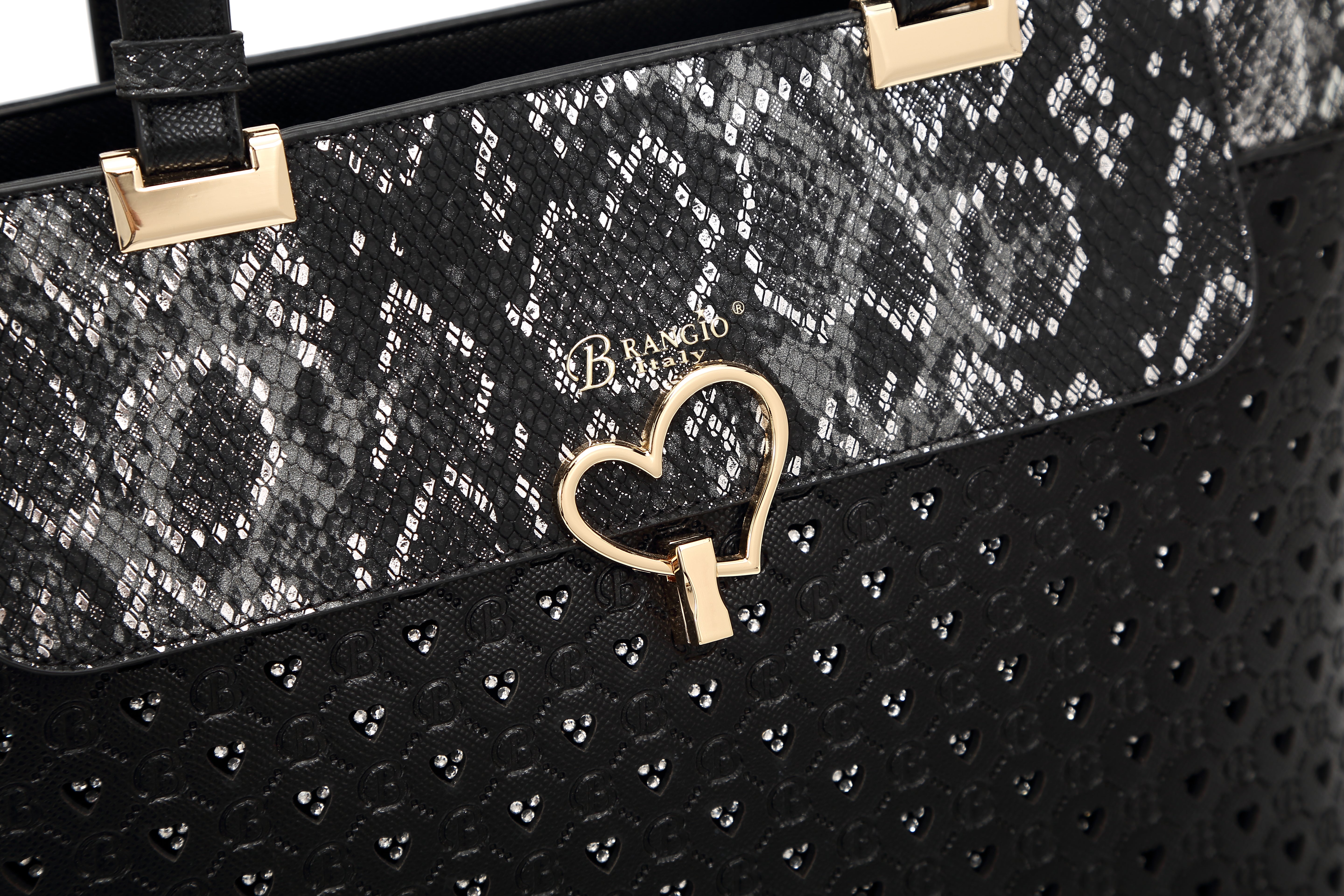 Brangio Elegant Black Heart & Snakeskin Tote Bag