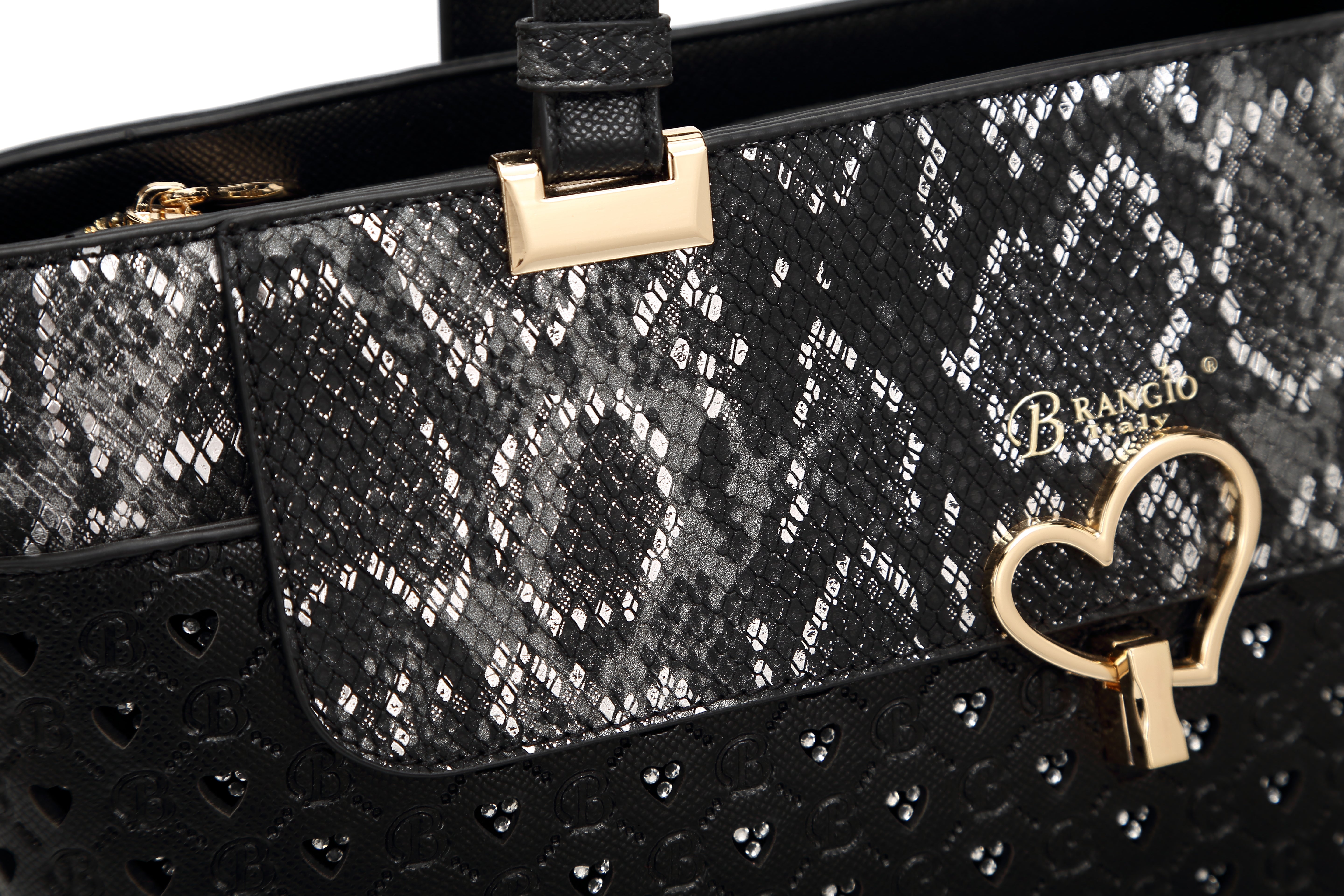 Brangio Elegant Black Heart & Snakeskin Tote Bag