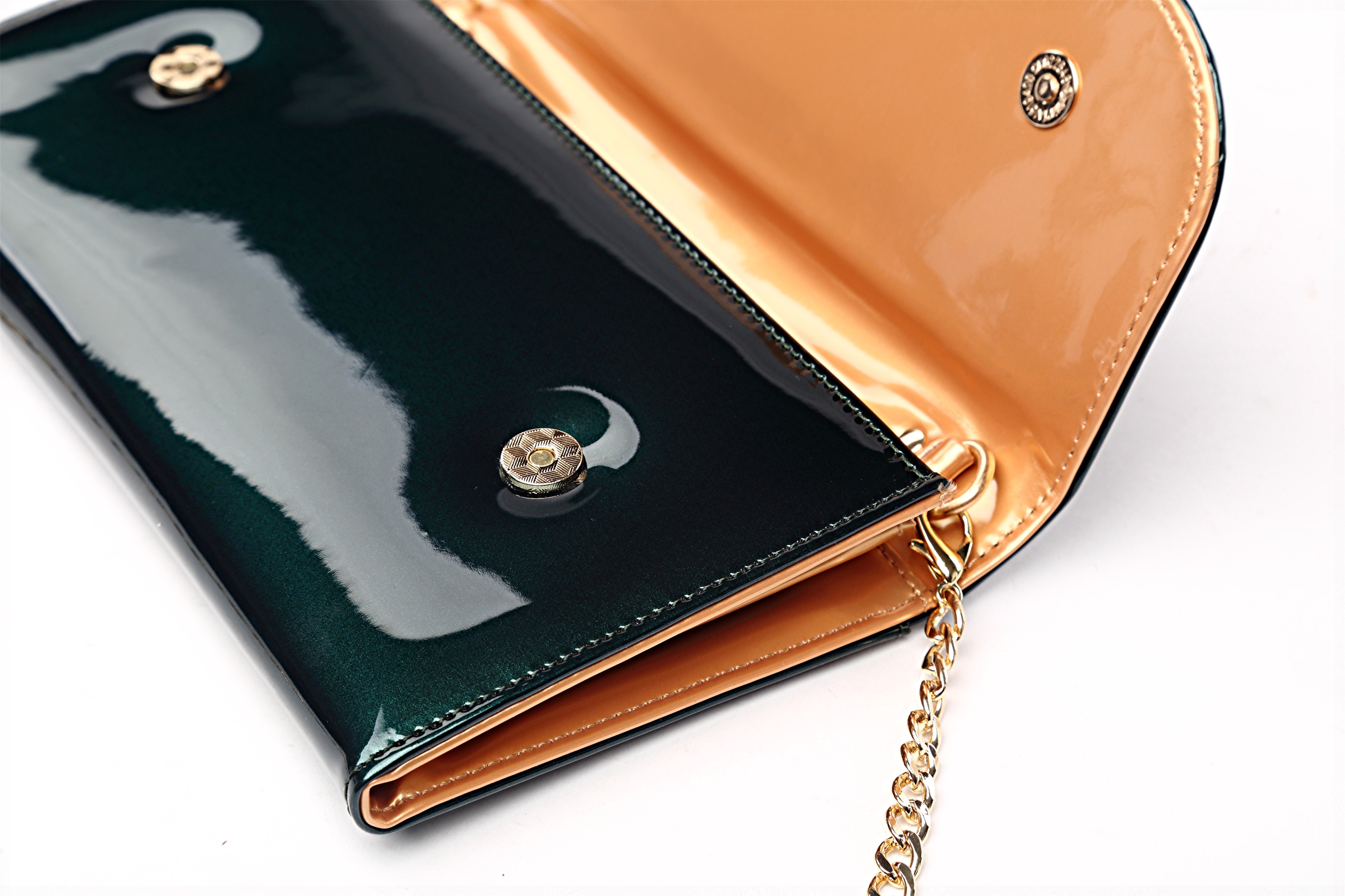Brangio Italy Studded Clutch – Patent Faux Leather Crossbody Purse with Gold Heart Studs & Chain Strap | U.S.A. Company Ships from L.A.