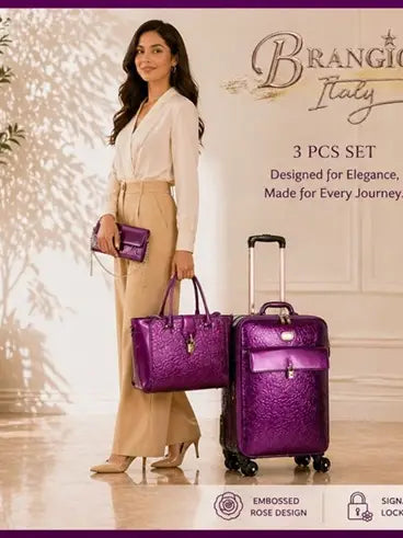 Brangio Italy Elegant Luxury Floral Embossed Designer Wheeled Carry-On Luggage set[3pc]