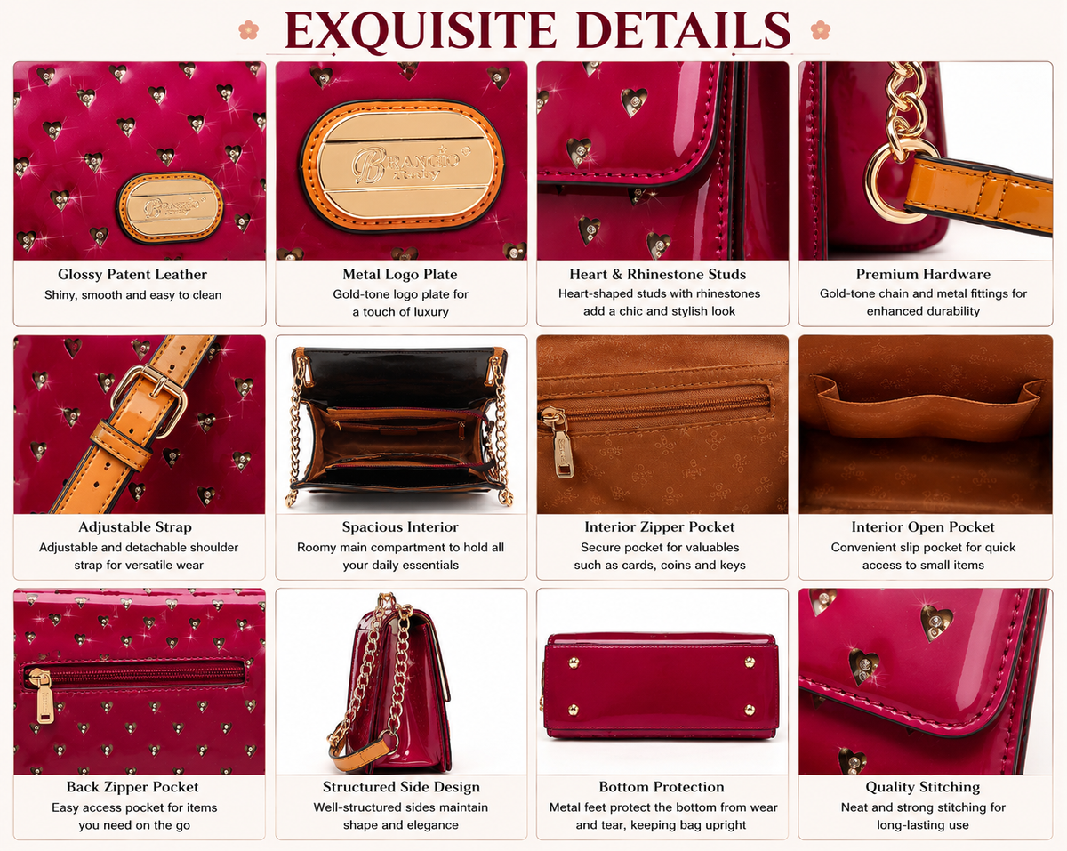 Brangio Italy Glossy Crossbody Bag – Luxury Patent Chain Shoulder Purse with Heart Stud