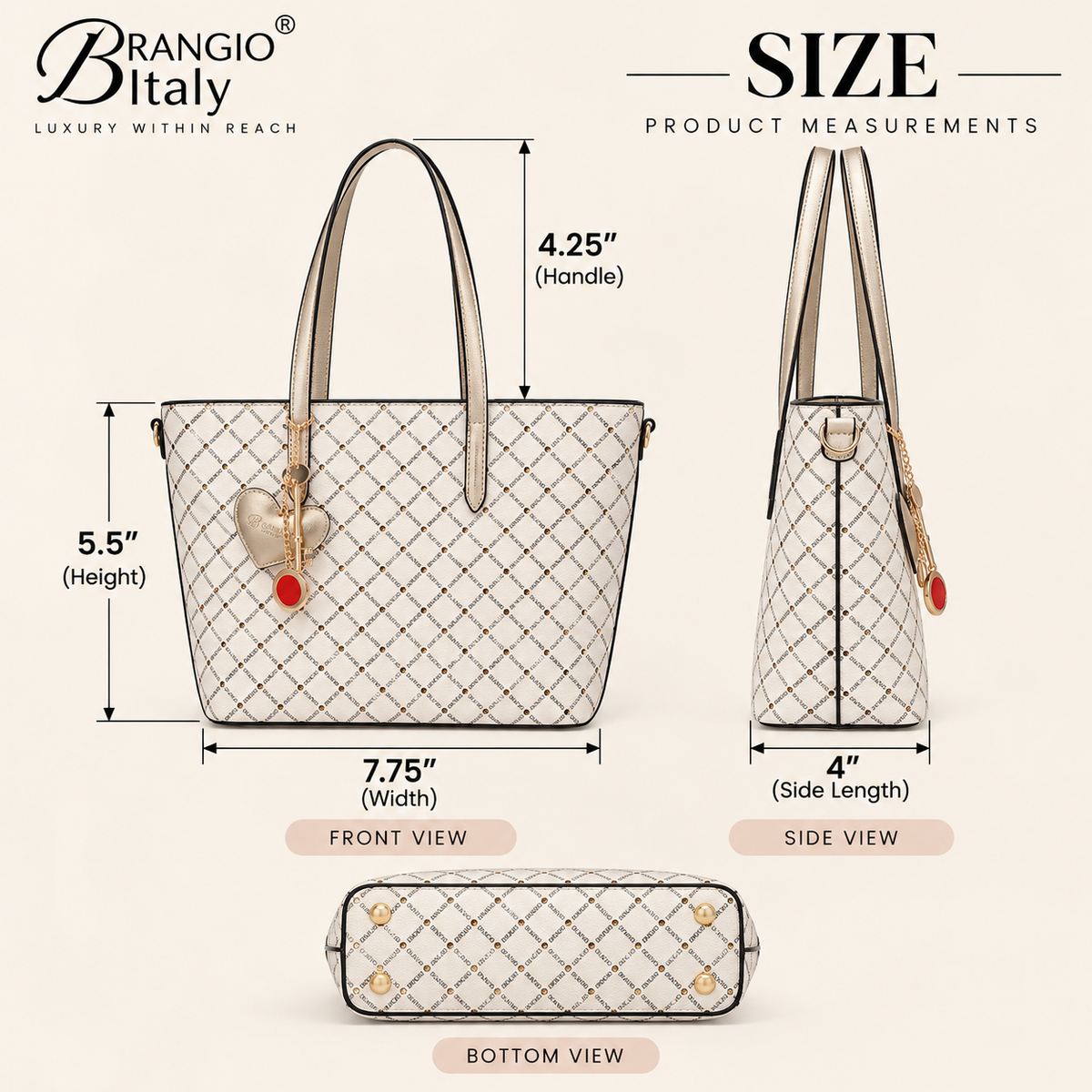Brangio Italy Luxe Diamond Love Crystal Stud Tote Bag