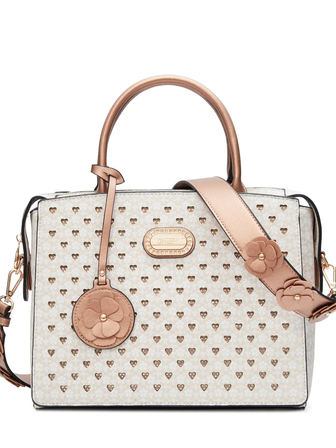 Brangio Italy Heart Stud Satchel Bag – Floral Strap Designer-Inspired Crossbody Handbag