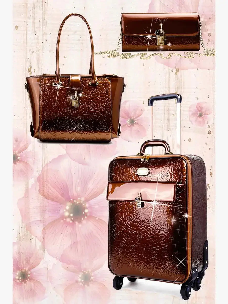 Brangio Italy Elegant Luxury Floral Embossed Designer Wheeled Carry-On Luggage set[3pc]