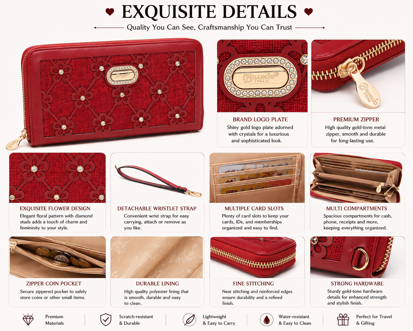 Brangio Italy Elegant Floral Zippered Around Wristlet Walle