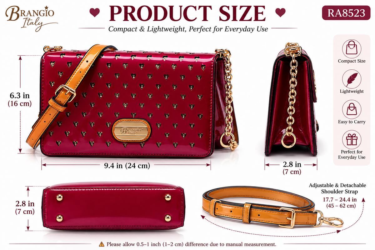 Brangio Italy Glossy Crossbody Bag – Luxury Patent Chain Shoulder Purse with Heart Stud