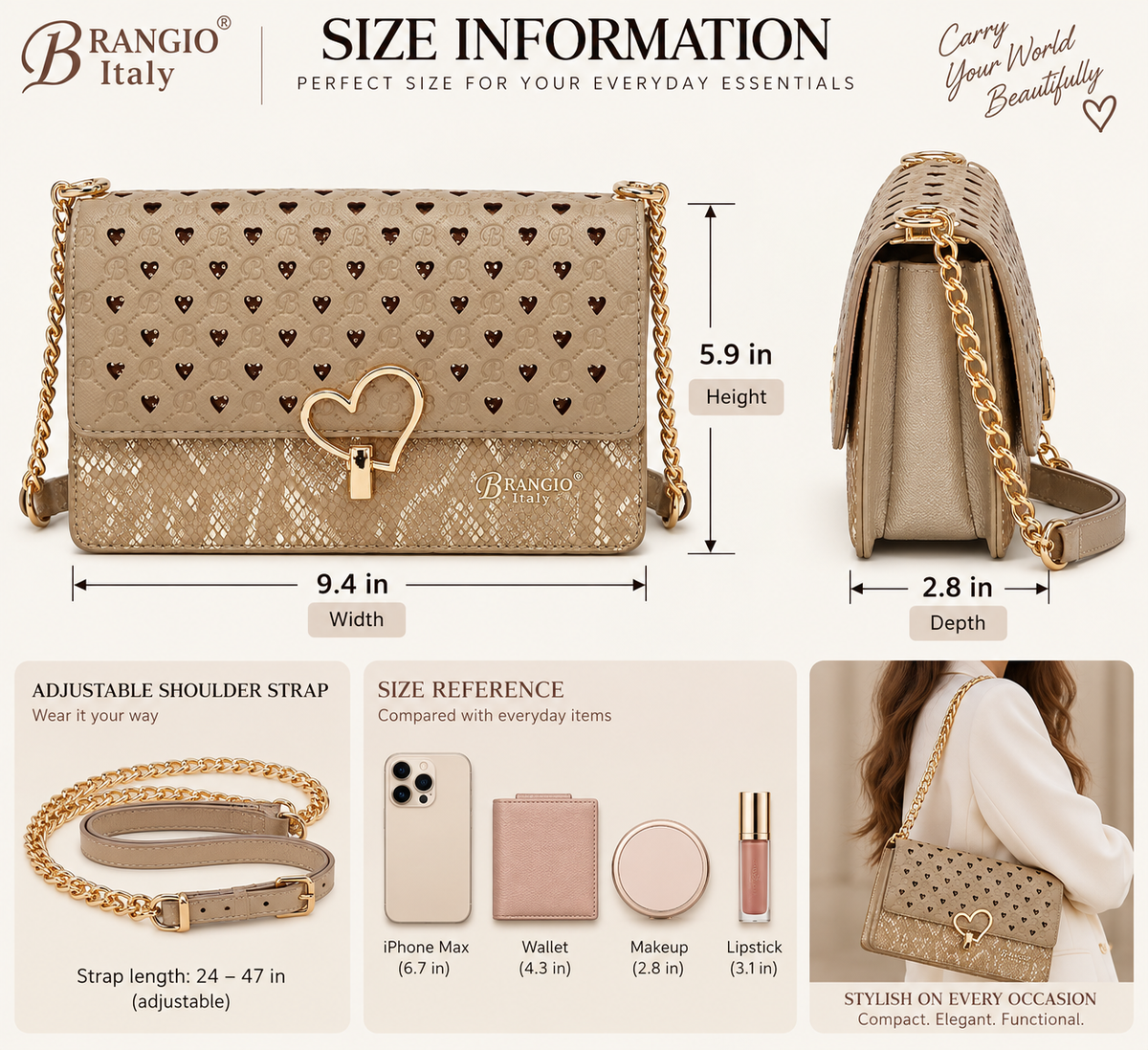 Brangio Elegant Heart-Patterned Crossbody Bag