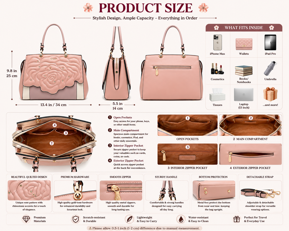 Brangio Italy Elegant Rose Embellished Satchel Bag + Matching Wallet[2pcs]