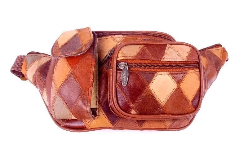 Unisex Tinder Genuine Leather Tan Patchwork Waist Bag Multi Pocket Belt Bag Travel Fanny Pack