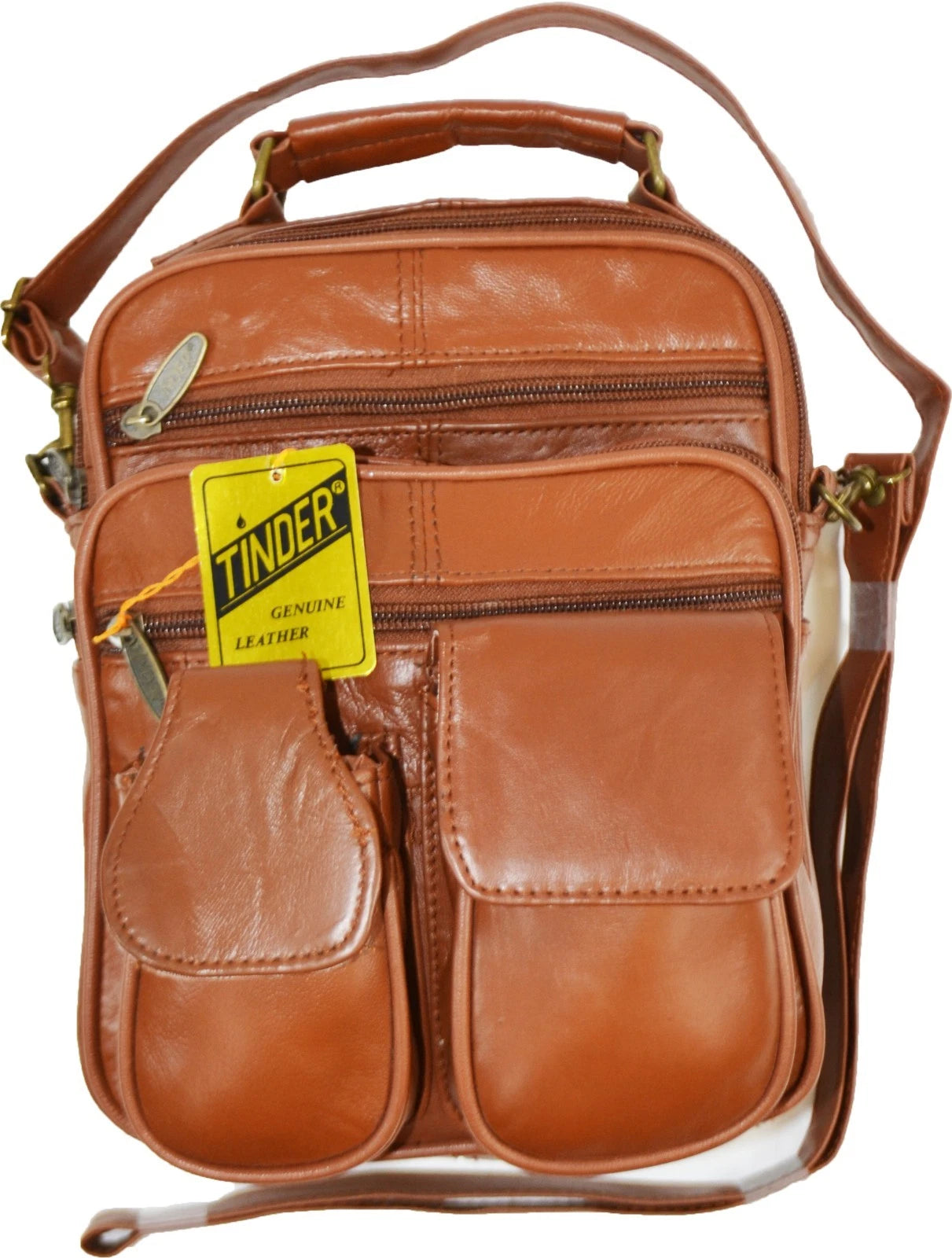 Unisex Tinder Genuine Leather Brown Multi Pocket Crossbody Bag Travel Organizer Shoulder Purse Small Messenger Bag