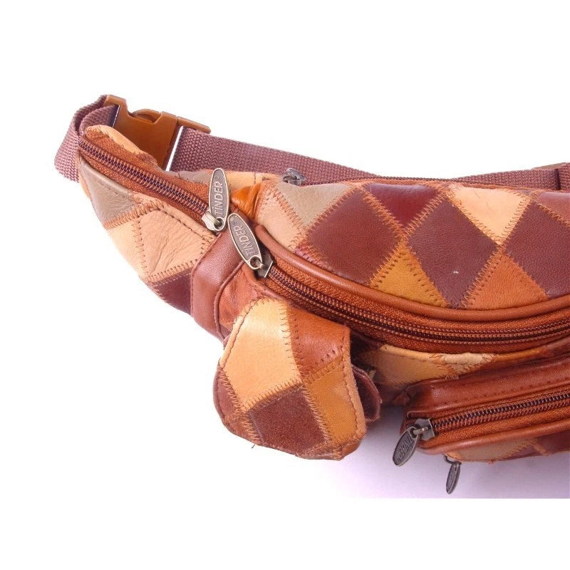 Unisex Tinder Genuine Leather Tan Patchwork Waist Bag Multi Pocket Belt Bag Travel Fanny Pack