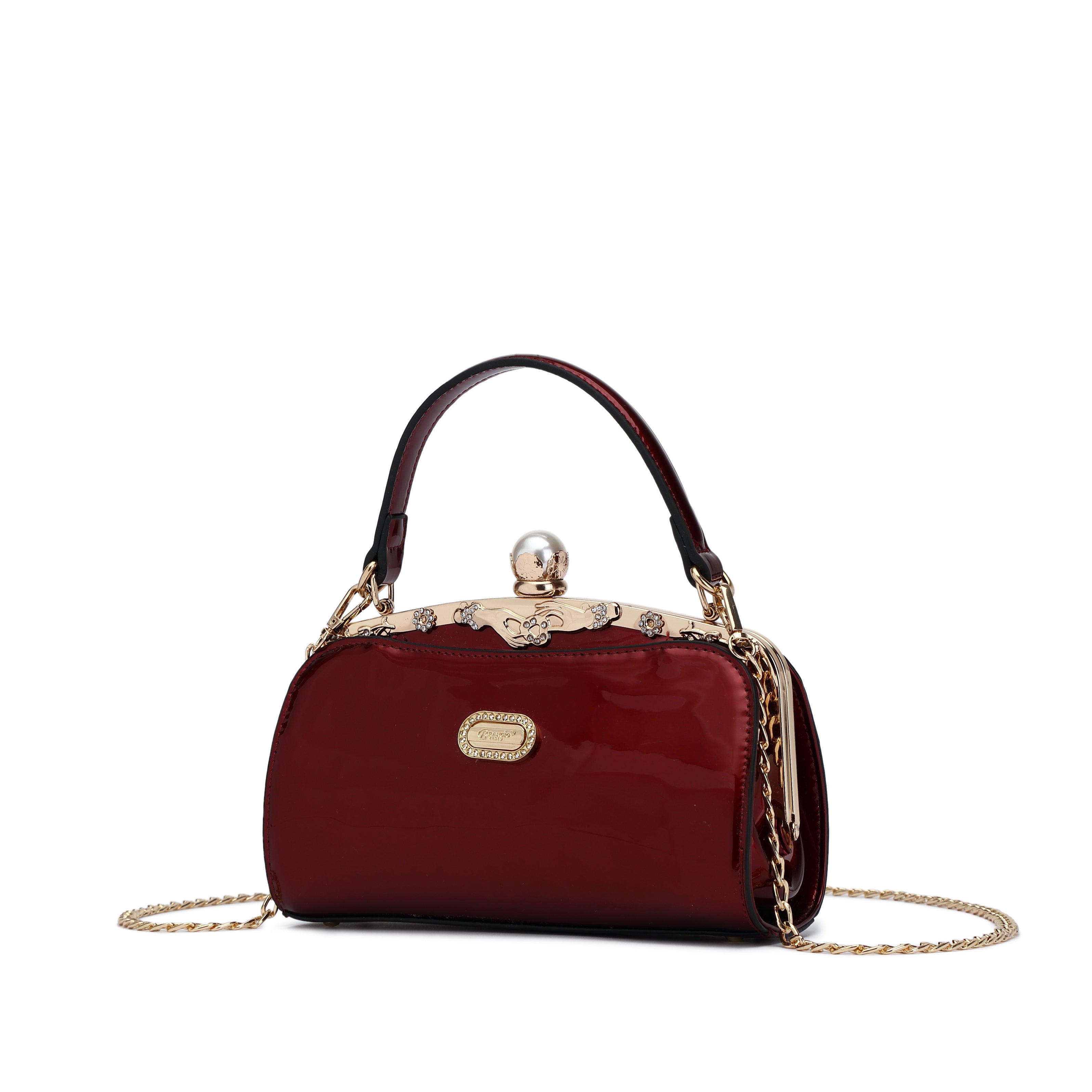 Brangio Italy Patent Leather Pearl Clasp Designer Crossbody Purse