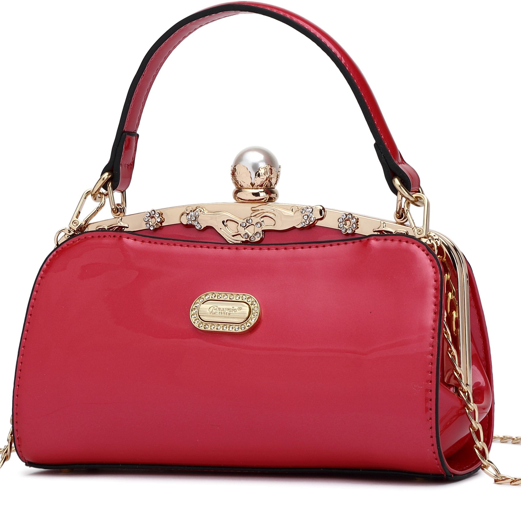 Brangio Italy Patent Leather Pearl Clasp Designer Crossbody Purse