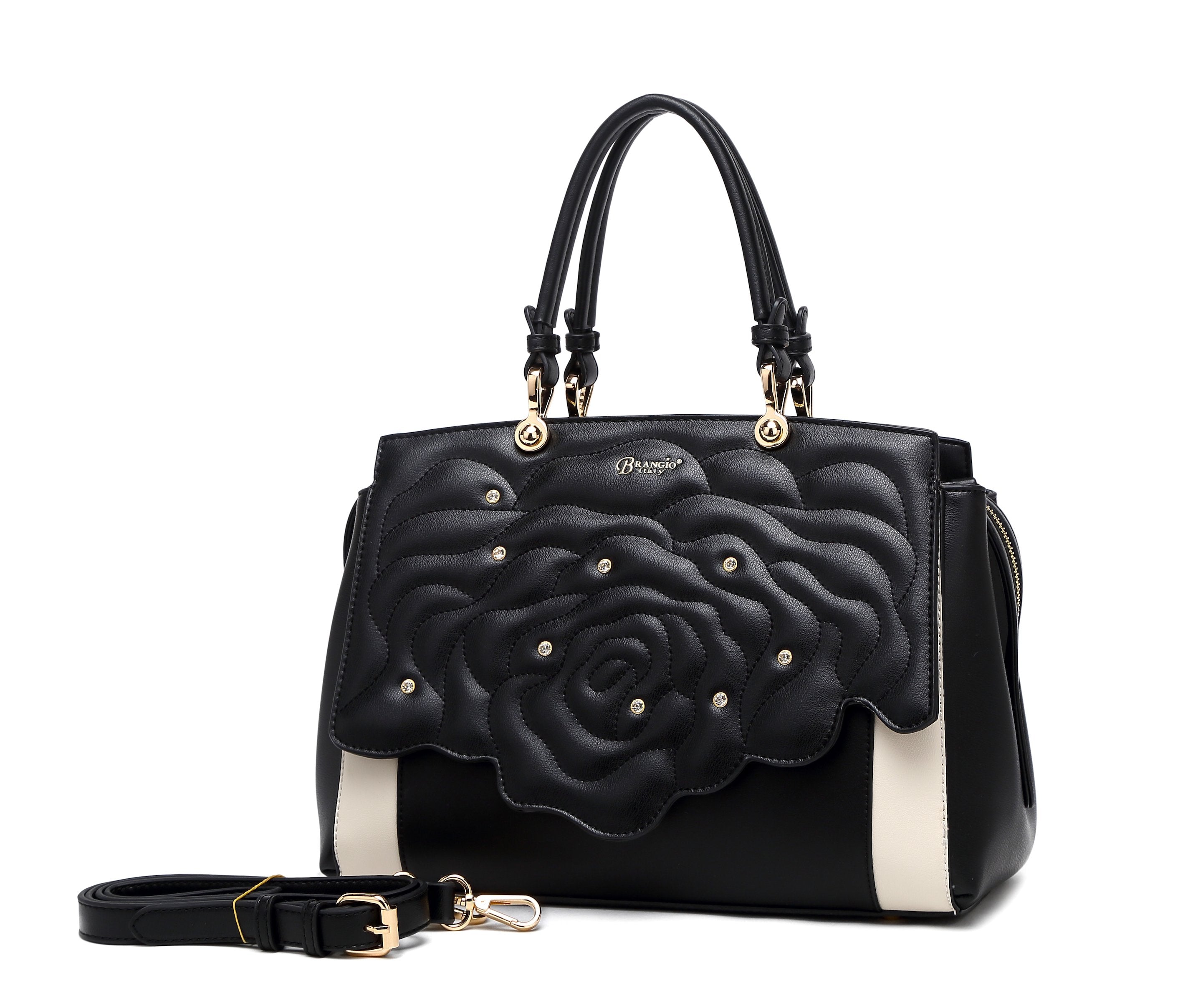 Brangio Italy Luxury Elegant Rose Embellished Satchel Bag + Wallet