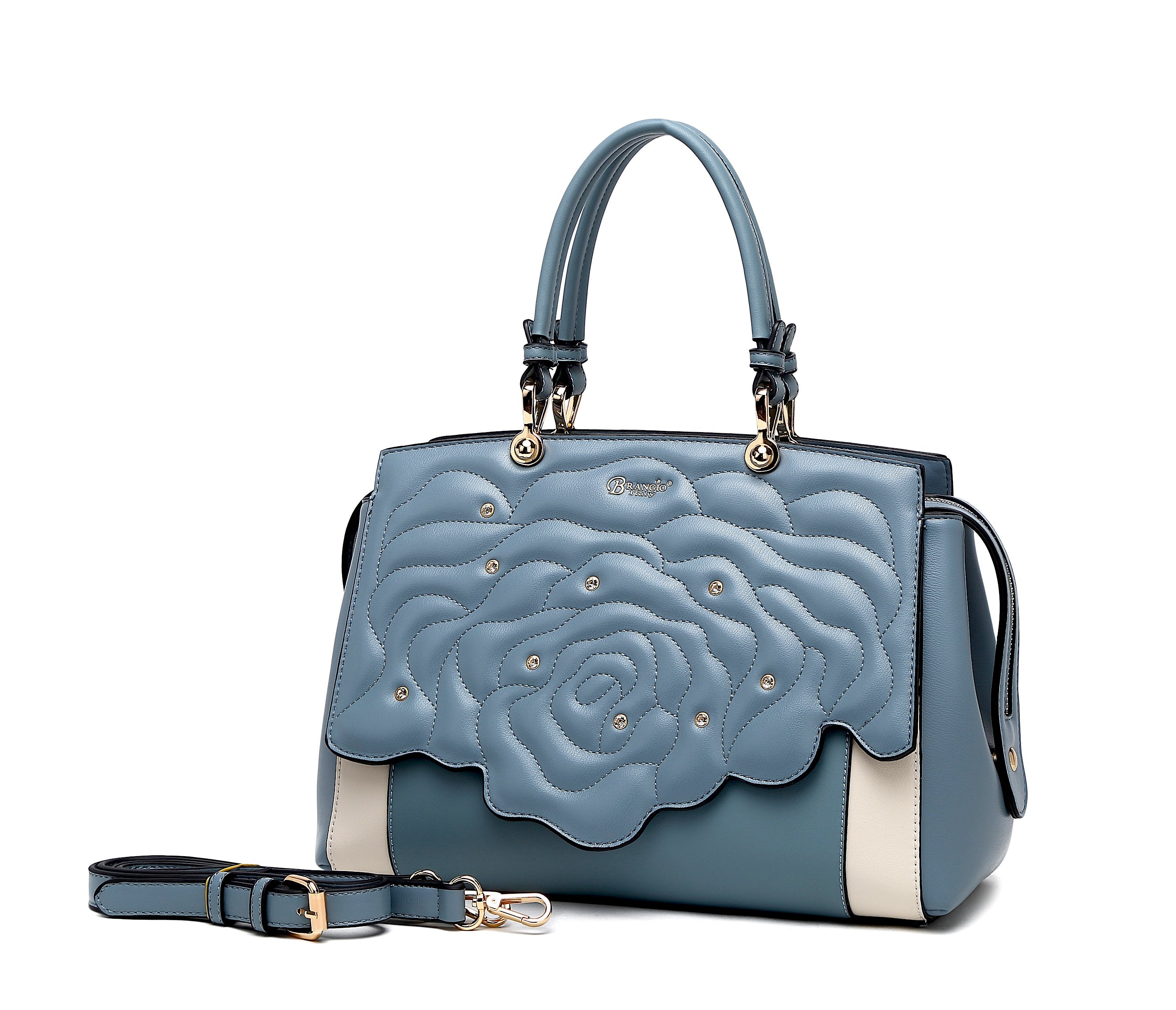 Brangio Italy Luxury Elegant Rose Embellished Satchel Bag + Wallet