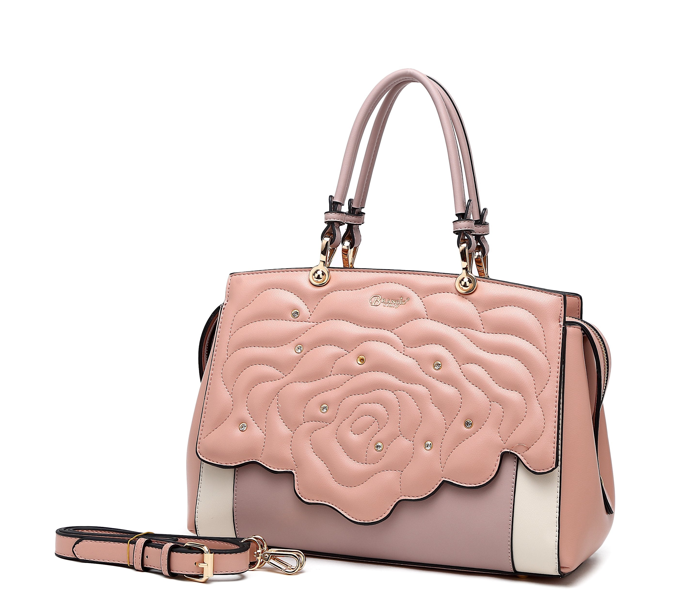 Brangio Italy Luxury Elegant Rose Embellished Satchel Bag + Wallet