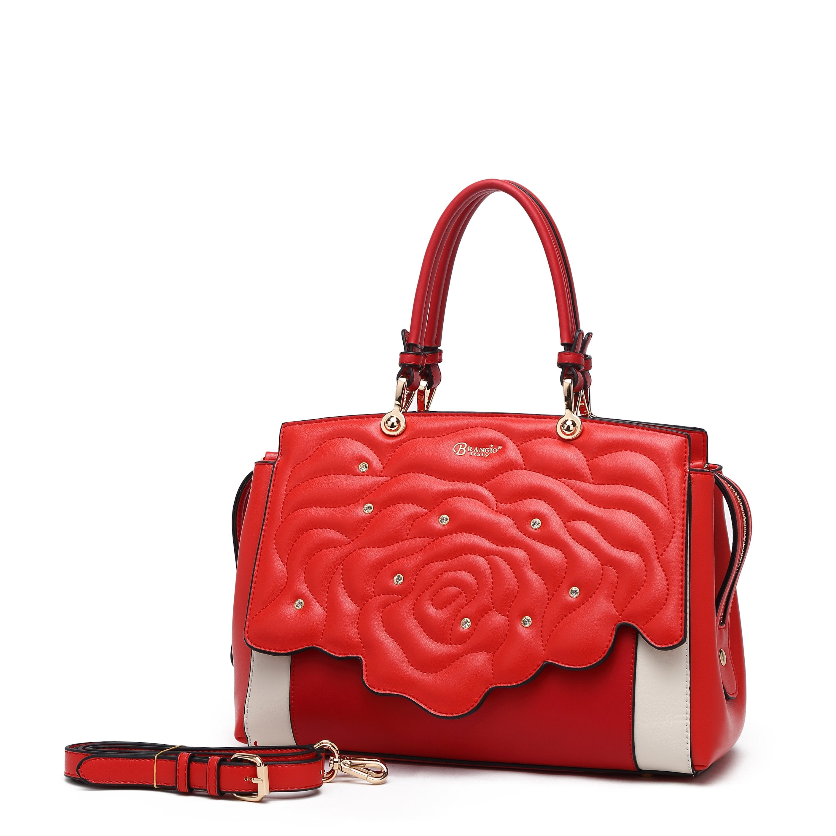 Brangio Italy Luxury Elegant Rose Embellished Satchel Bag + Wallet