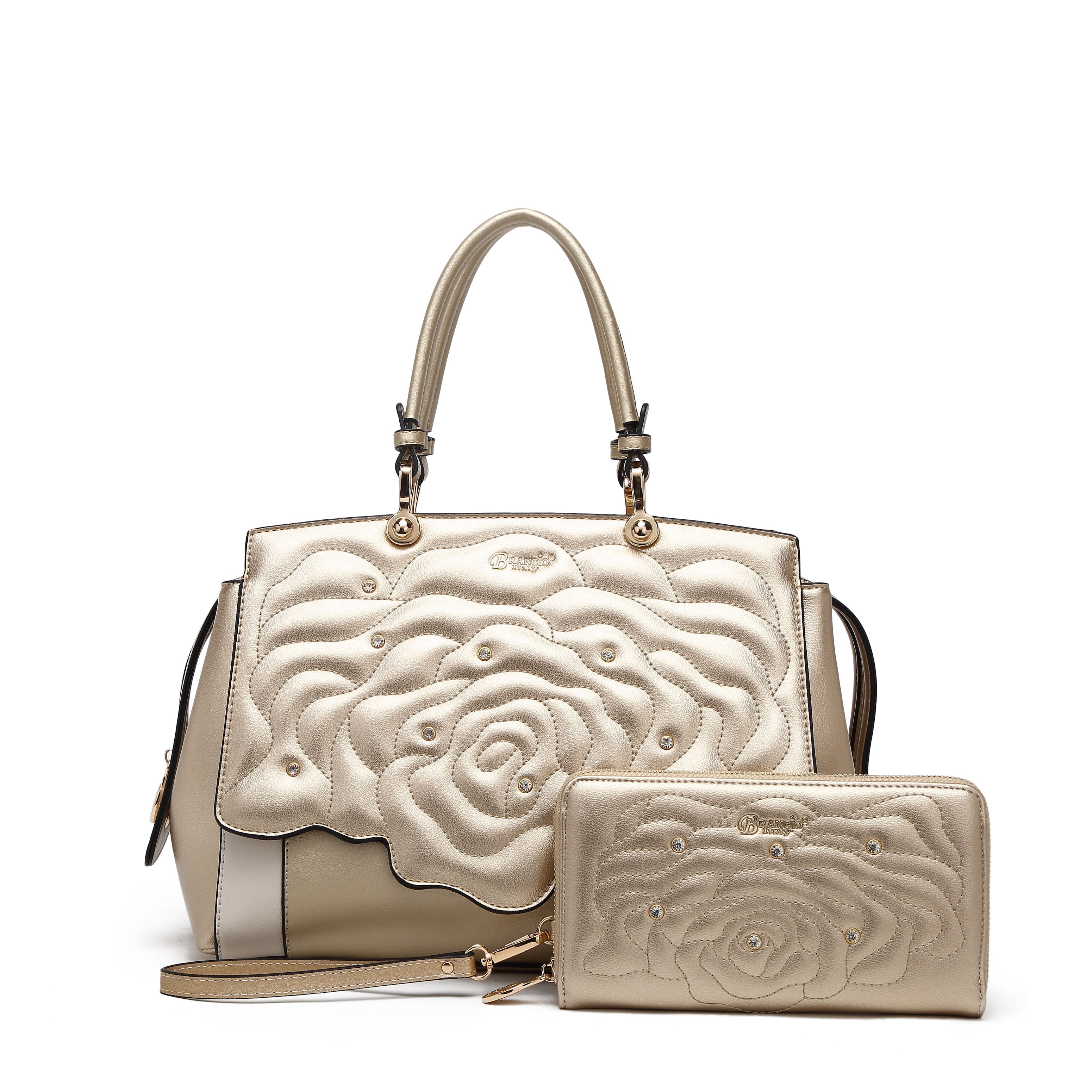 Brangio Italy Luxury Elegant Rose Embellished Satchel Bag + Wallet