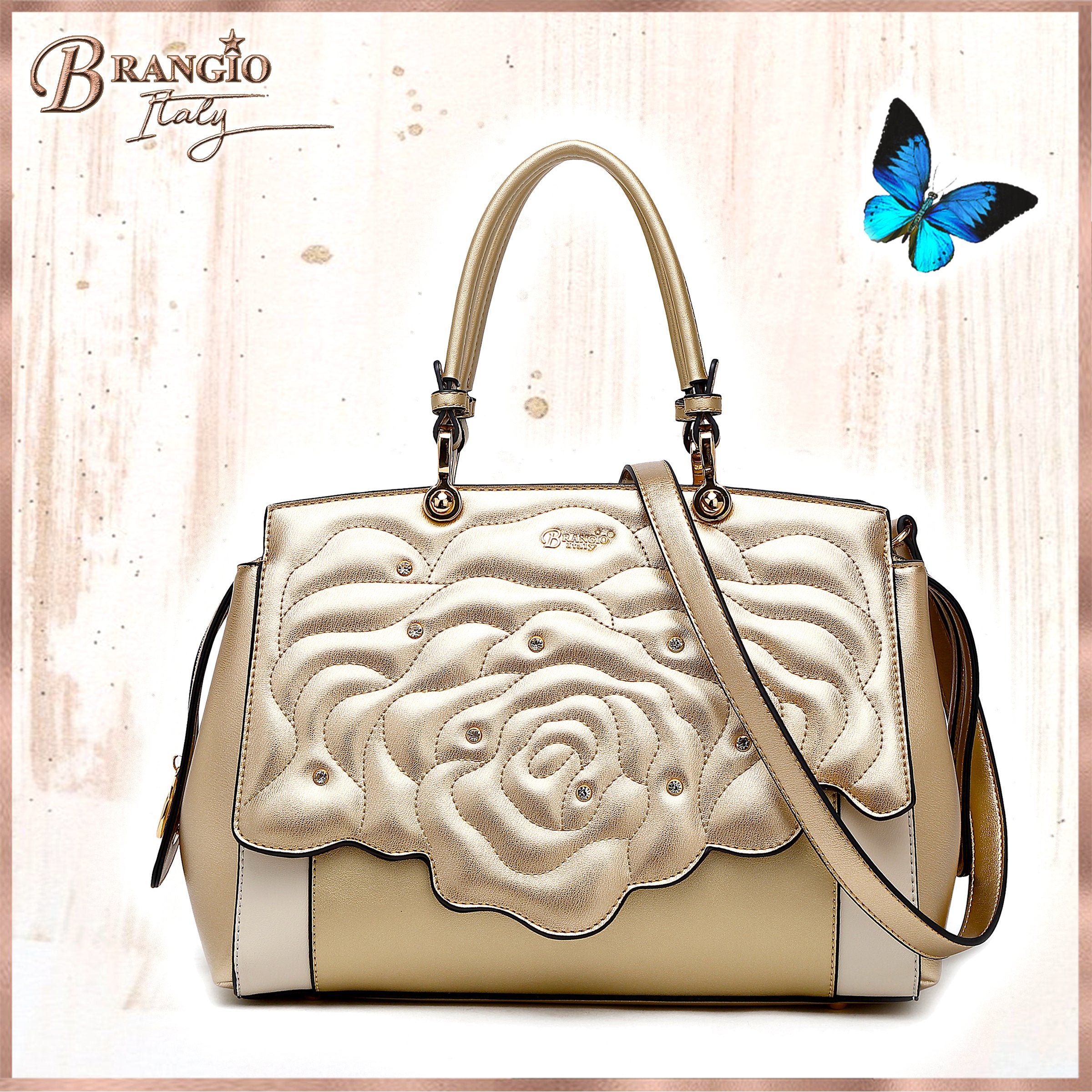 Brangio Italy Luxury Elegant Rose Embellished Satchel Bag + Wallet