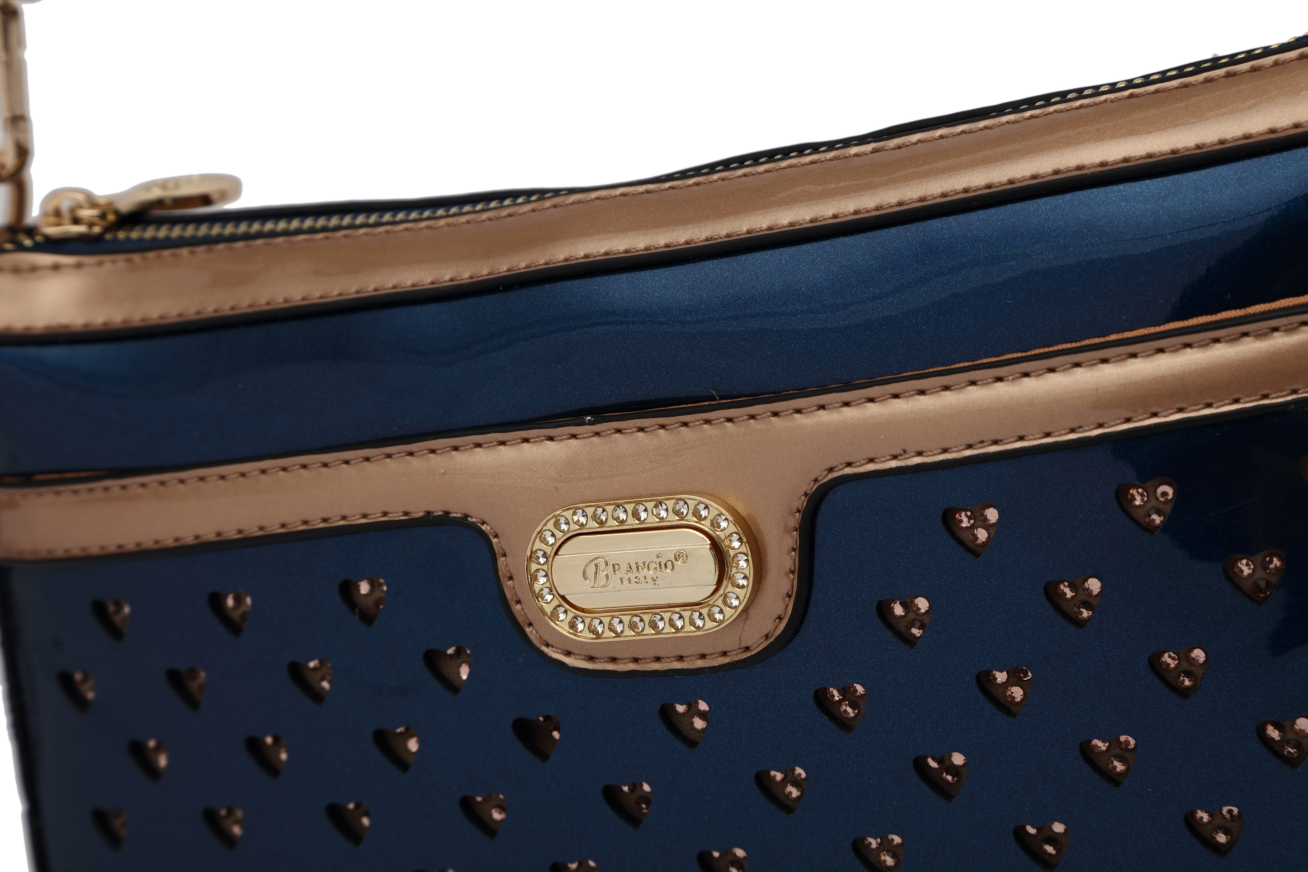 Brangio Italy Heart Studded Shoulder Bag – Olive & Taupe Faux Leather Handbag with Gold Logo Plate & Detachable Strap | U.S.A. Company Ships from L.A.