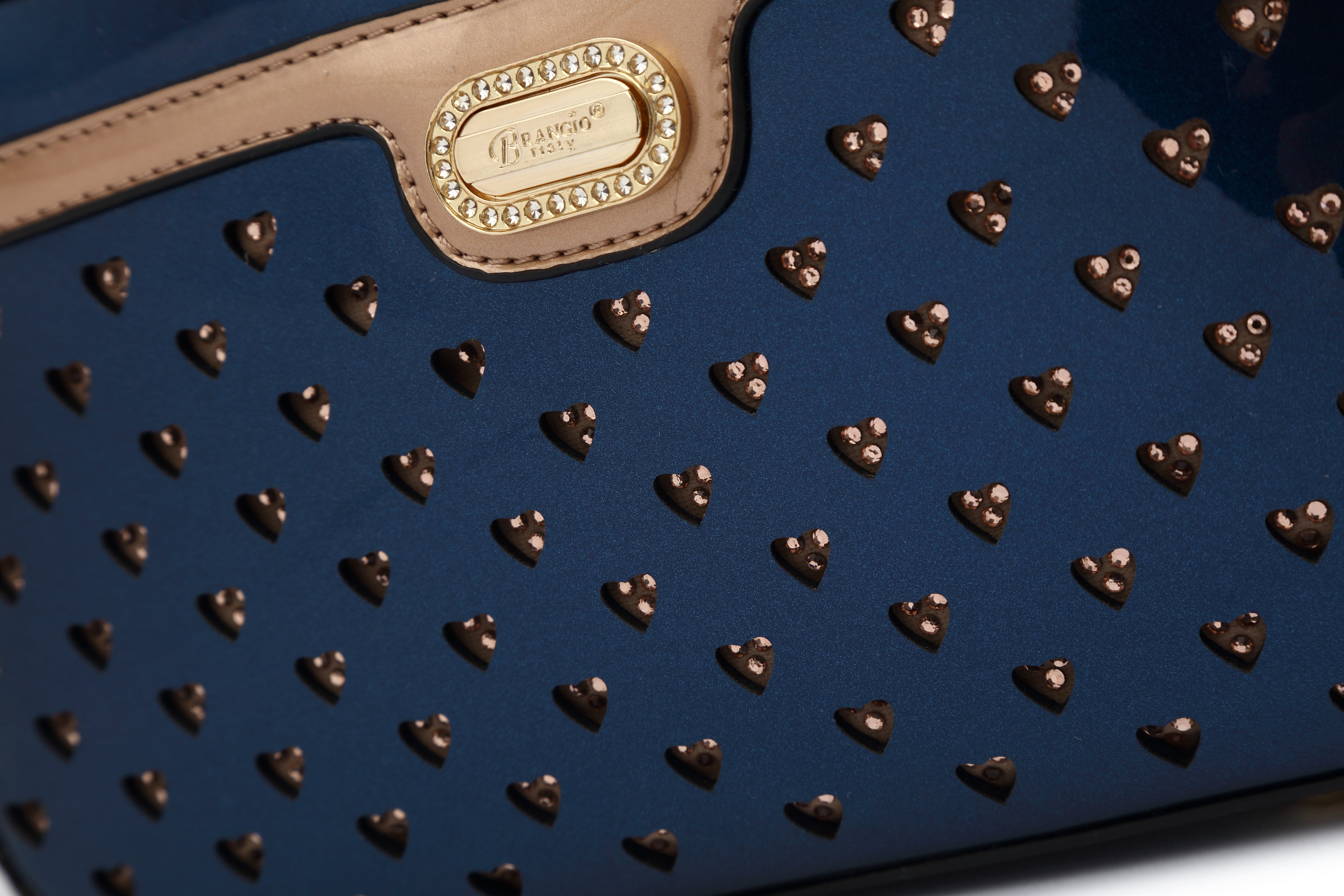 Brangio Italy Heart Studded Shoulder Bag – Olive & Taupe Faux Leather Handbag with Gold Logo Plate & Detachable Strap | U.S.A. Company Ships from L.A.