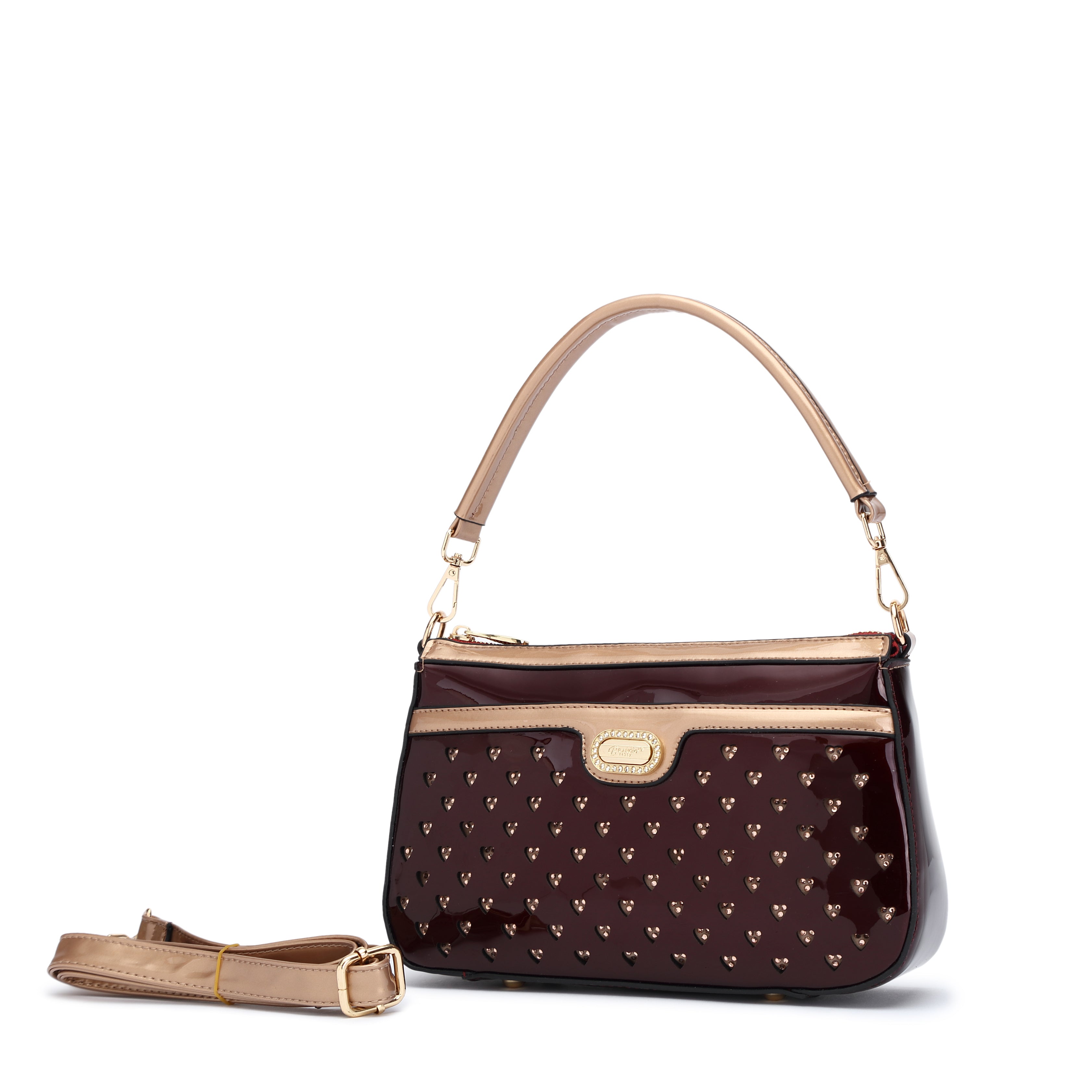 Brangio Italy Heart Studded Shoulder Bag – Olive & Taupe Faux Leather Handbag with Gold Logo Plate & Detachable Strap | U.S.A. Company Ships from L.A.