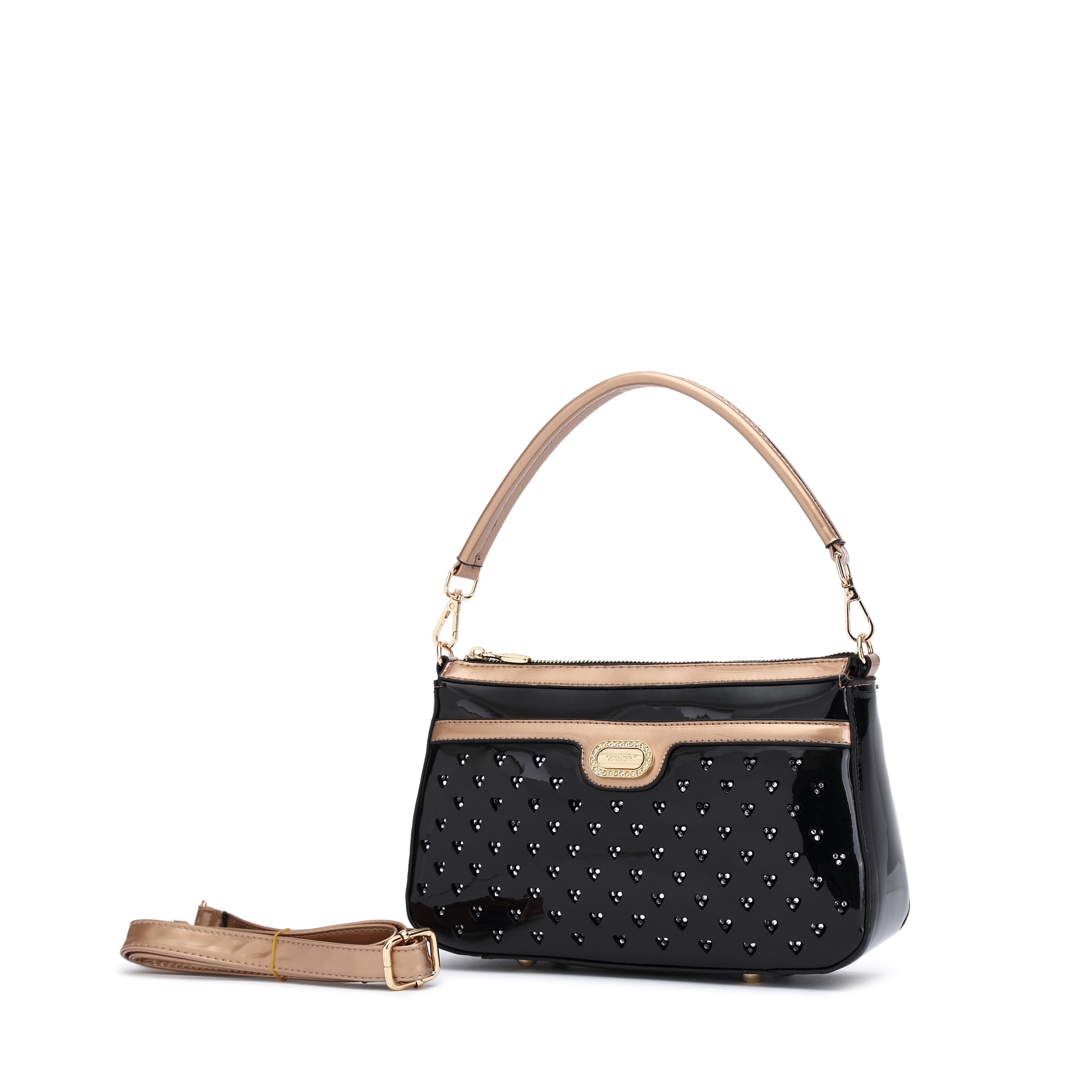 Brangio Italy Heart Studded Shoulder Bag – Olive & Taupe Faux Leather Handbag with Gold Logo Plate & Detachable Strap | U.S.A. Company Ships from L.A.